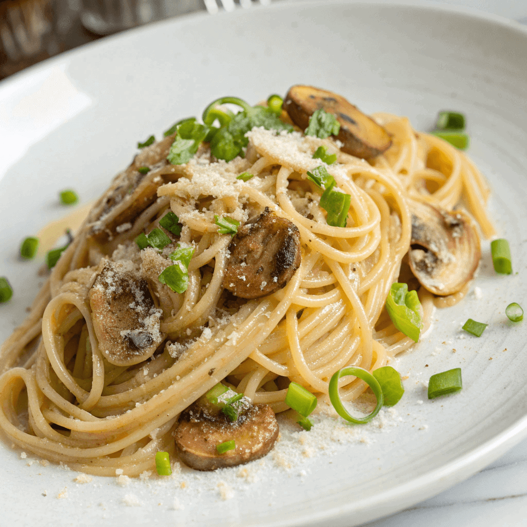 Miso Pasta – Creamy, Savory, and Umami Perfection 2 Creamy miso pasta on a serving plate with mushrooms, scallions, and parmesan.