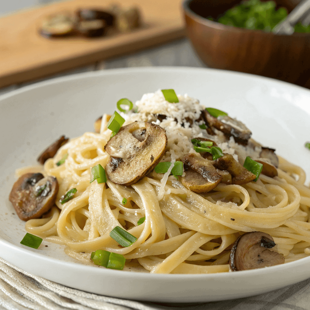 Miso Pasta – Creamy, Savory, and Umami Perfection 1 Miso pasta shown from a slight angle with mushrooms, scallions, and parmesan.