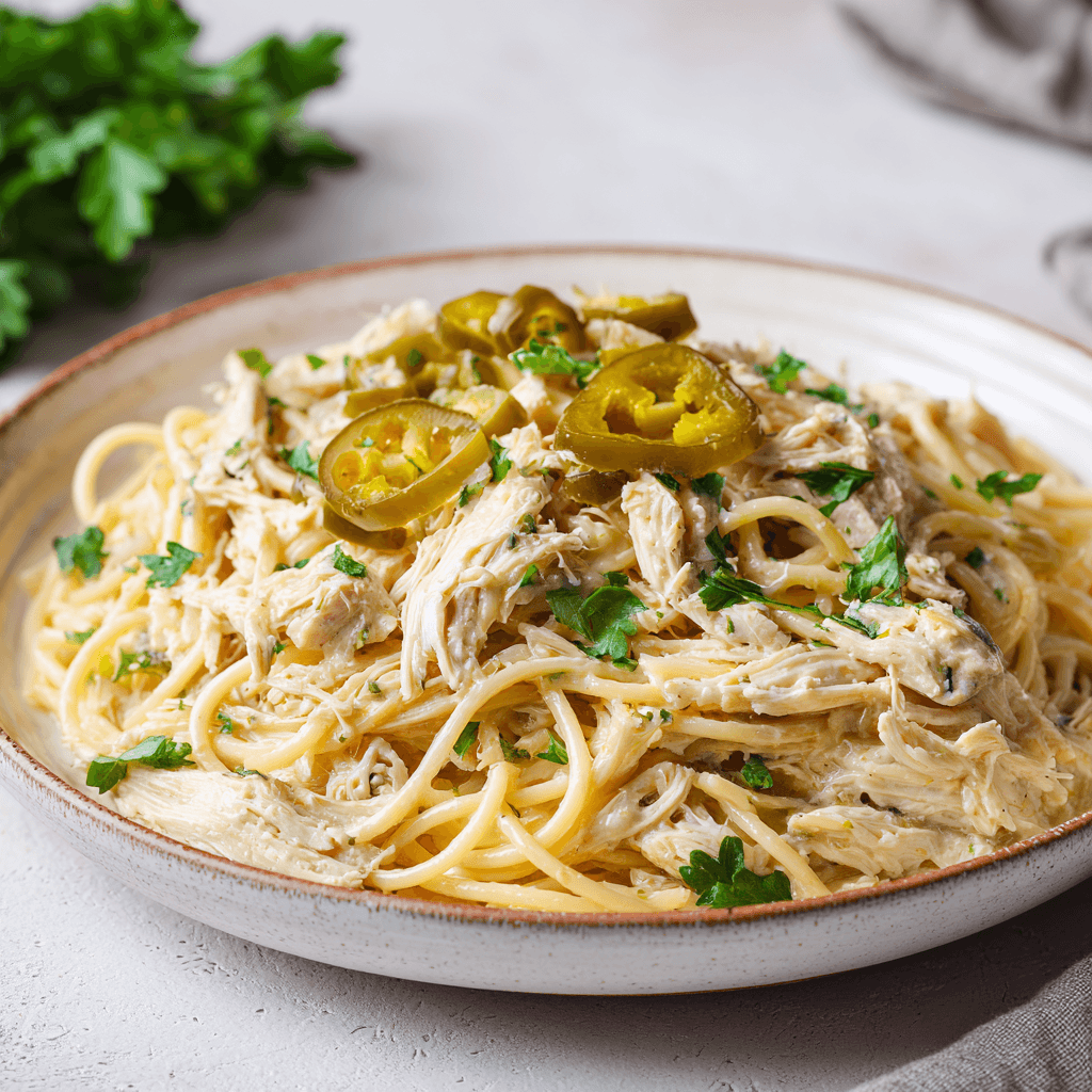 Creamy Mississippi chicken spaghetti topped with sliced pepperoncini and parsley on a white plate.