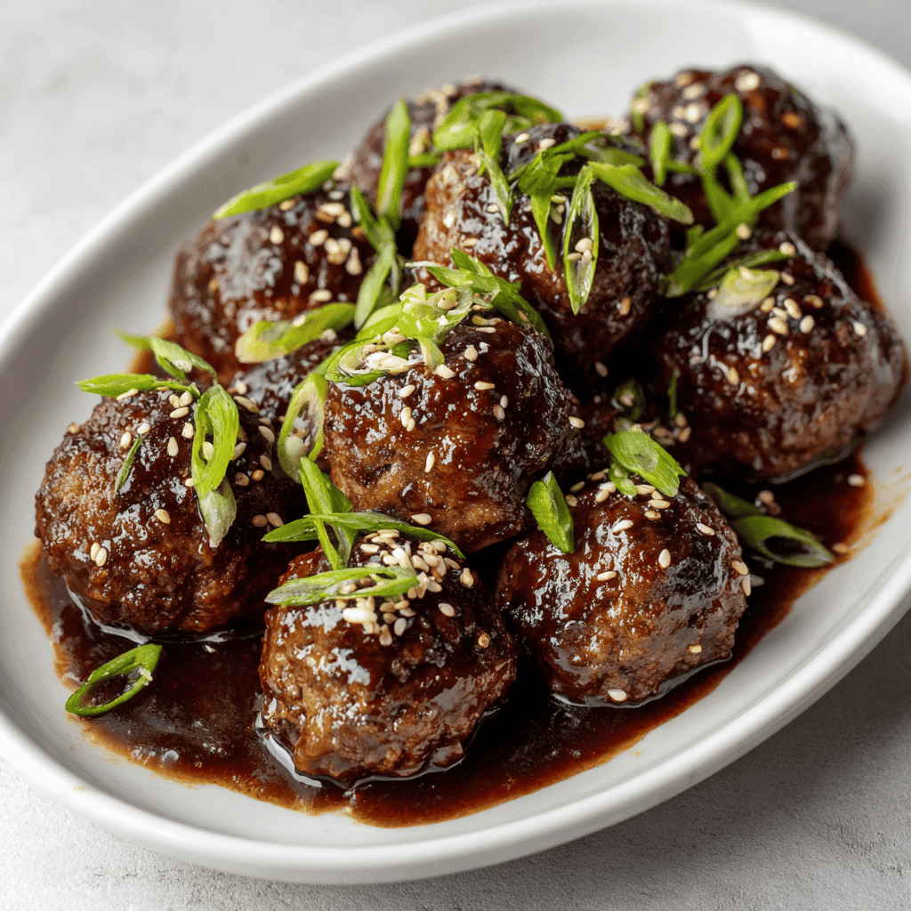 Mongolian meatballs coated in glossy brown sauce with green onions and sesame seeds.