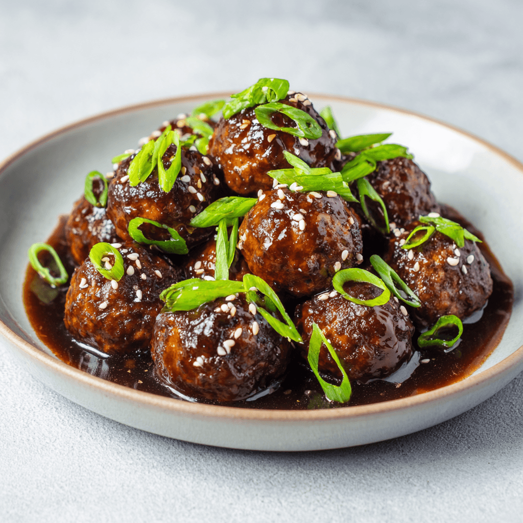 Mongolian meatballs served on a clean plate with sauce, onions, and sesame seeds.