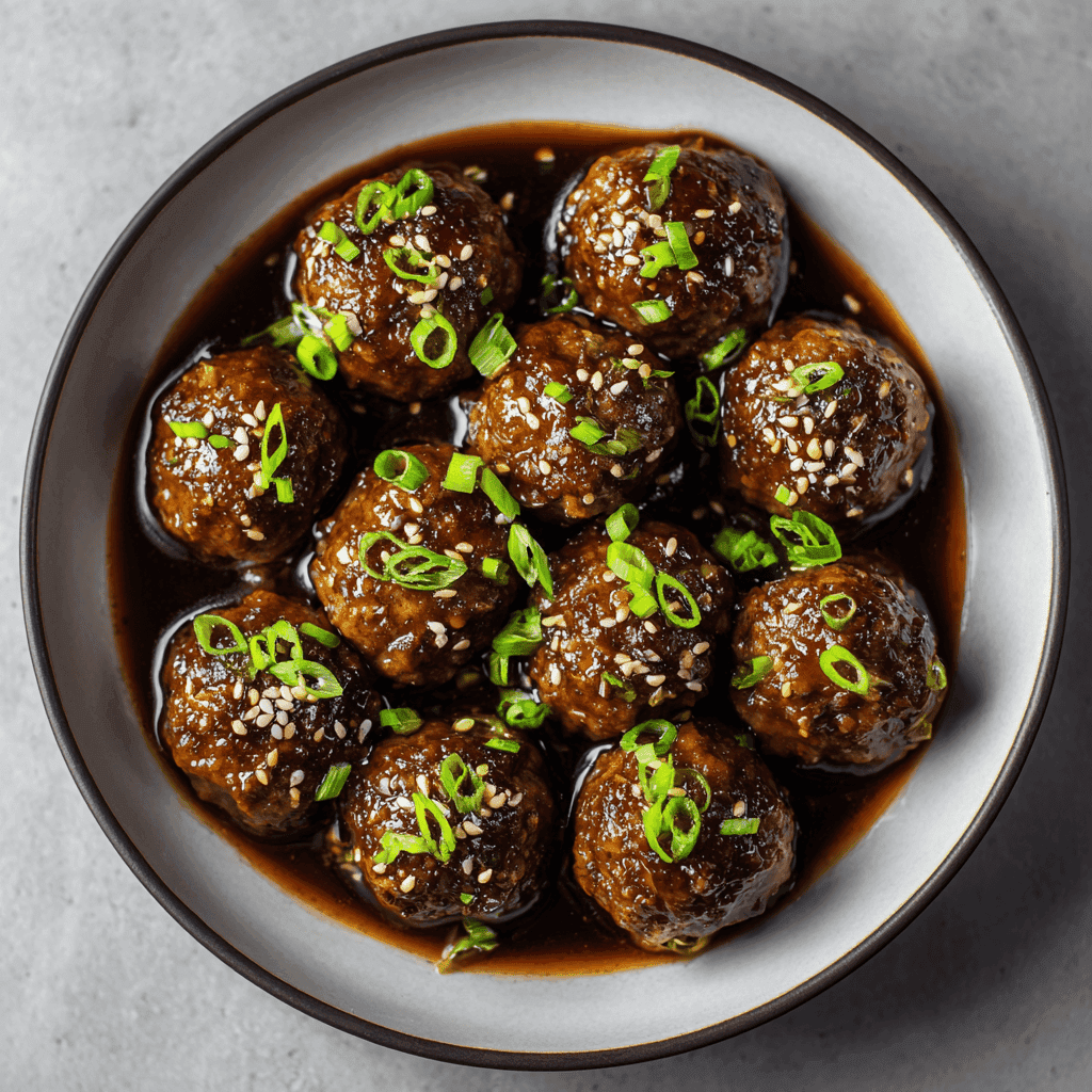 Top-view Mongolian meatballs coated in glossy sauce with sesame seeds and green onions.