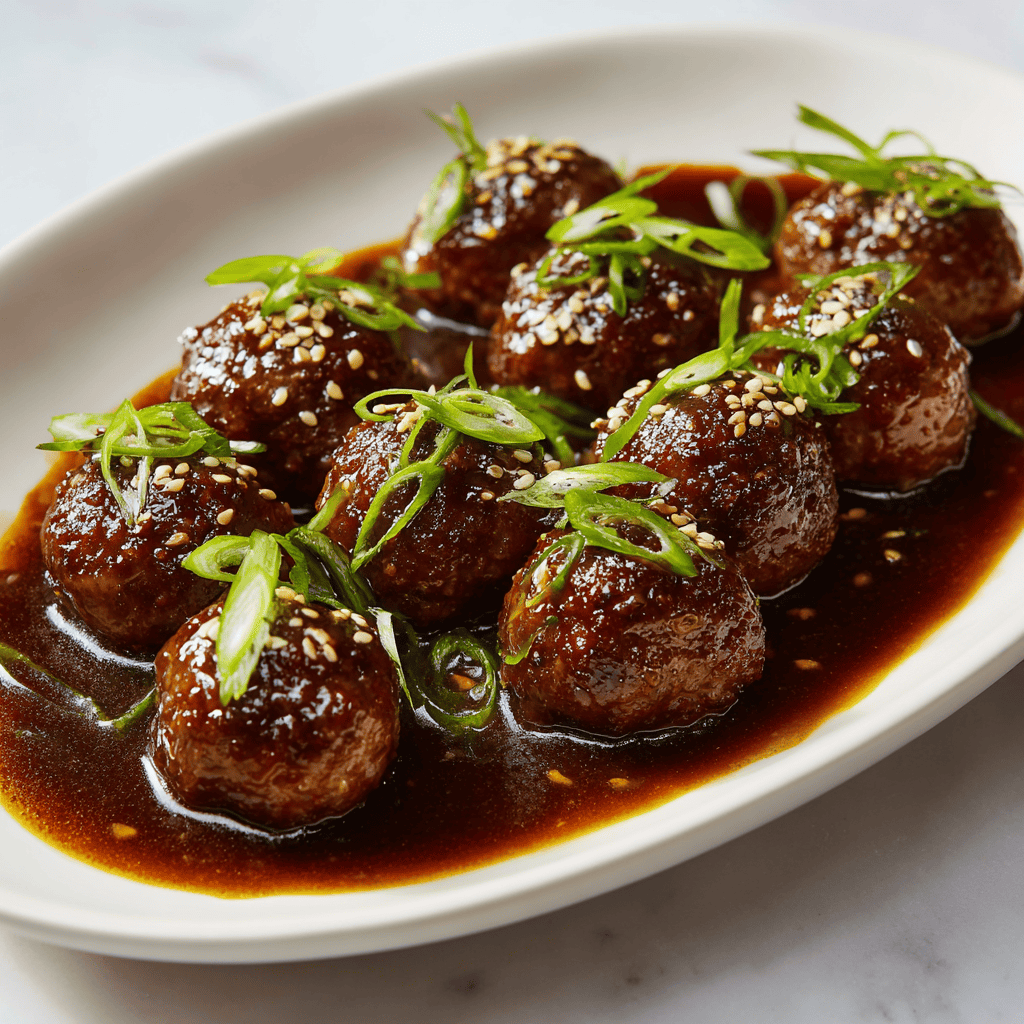 Angled view of Mongolian meatballs with rich sauce, green onions, and sesame seeds.