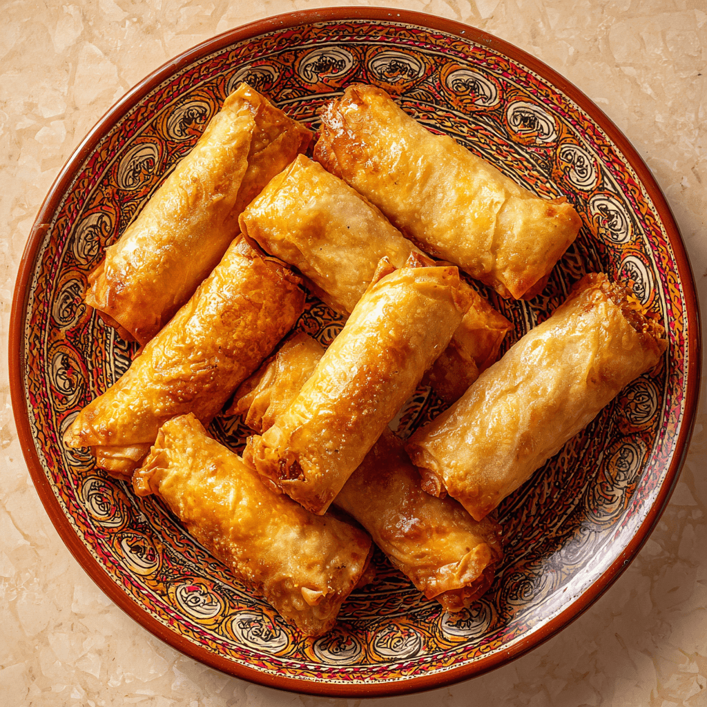 Top-view of fully cooked golden Moroccan chicken briouats on a plate.