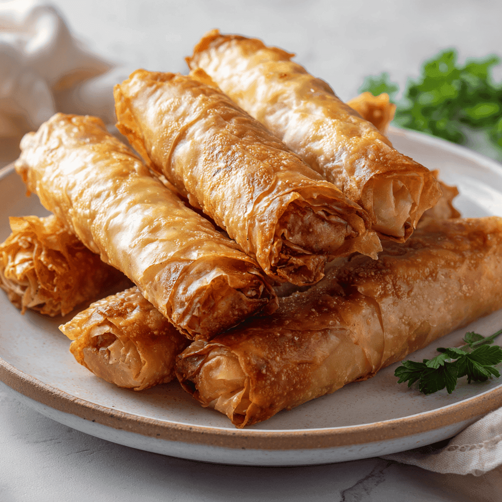 Slightly angled view of golden Moroccan chicken briouats on a traditional plate.