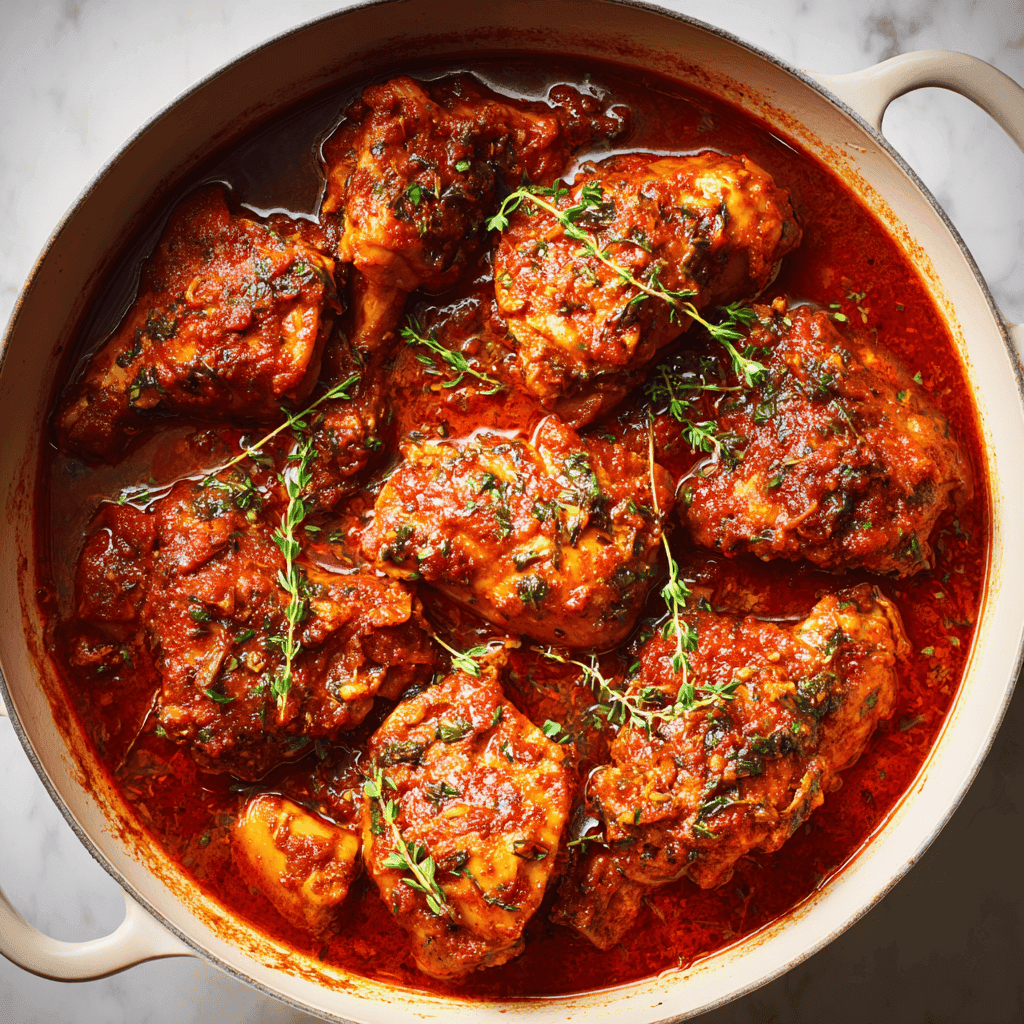 Nigerian chicken stew with bone-in chicken in rich red tomato pepper sauce.