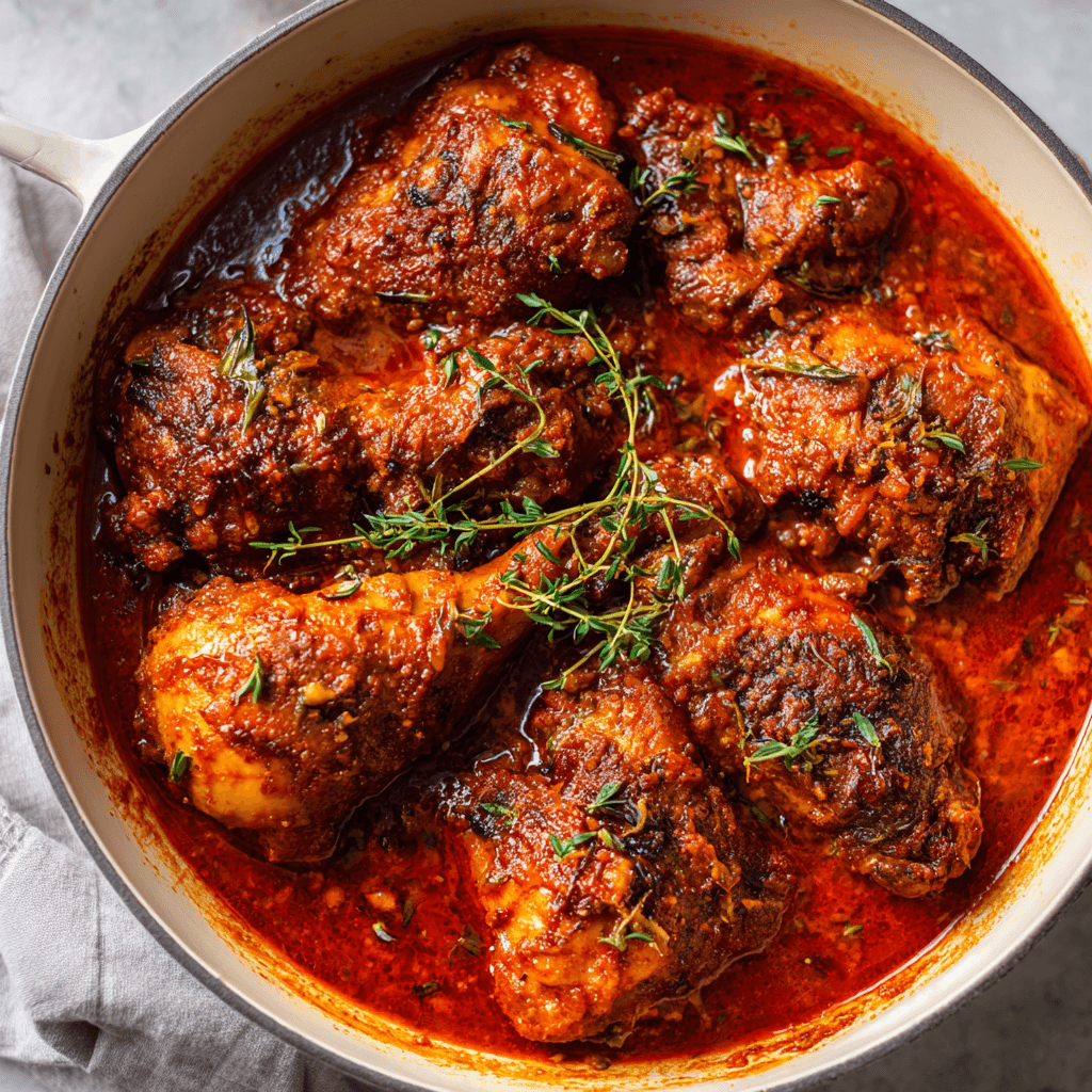 Bone-in chicken pieces in thick Nigerian tomato pepper stew on a clean surface.