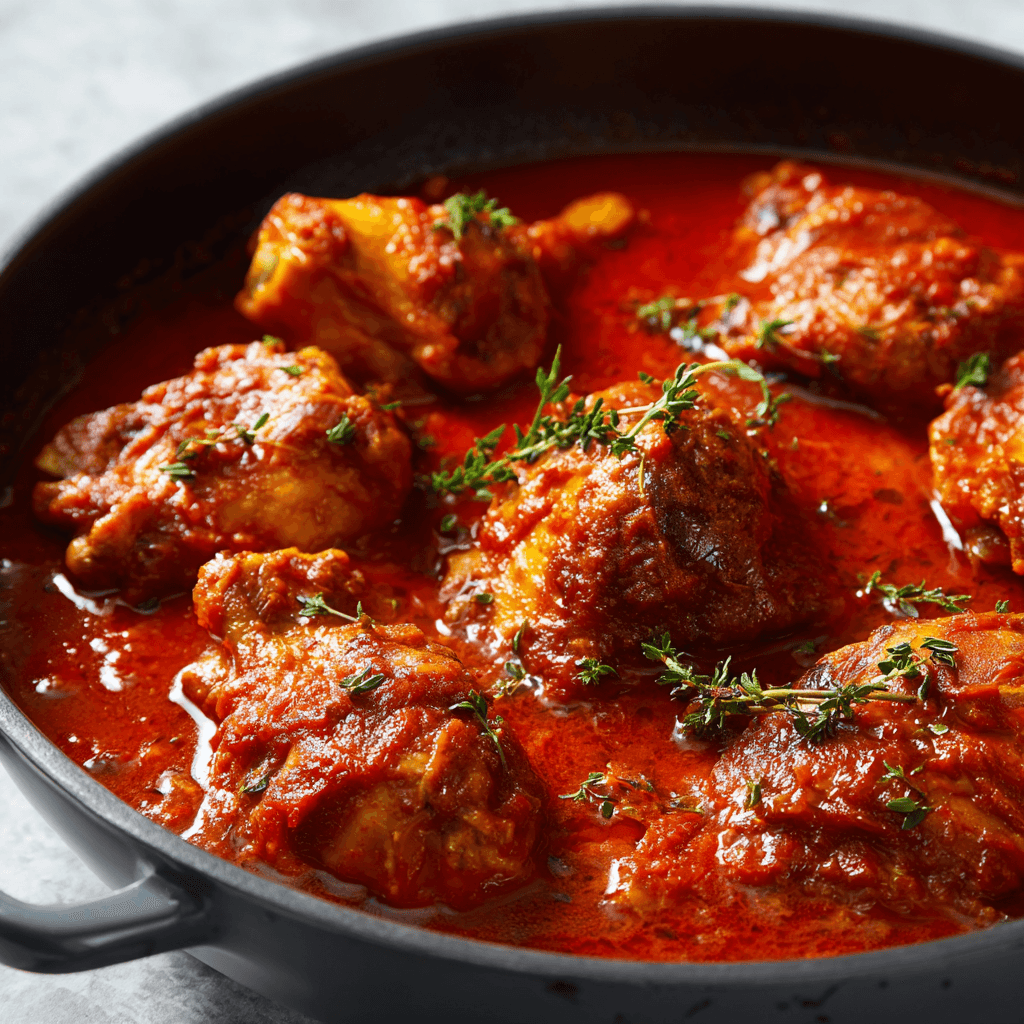 Nigerian chicken stew shown at a slight angle in a shallow pot. 