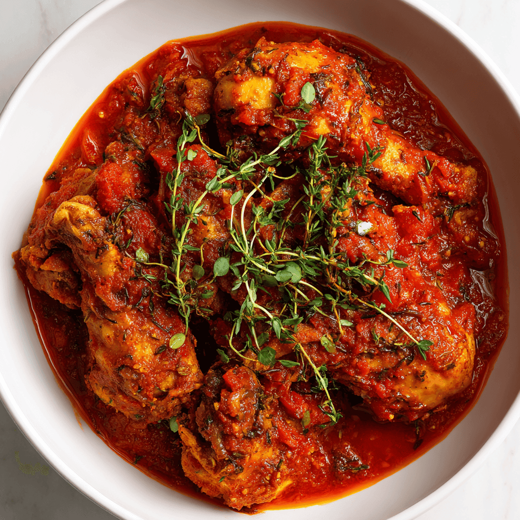 Finished Nigerian chicken stew with glossy red pepper sauce and thyme.