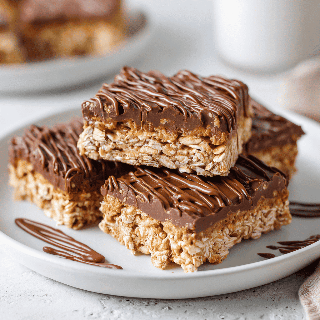 Easy No Bake Chocolate Oatmeal Bars (Rich & Chewy!) 2 Layered no bake chocolate oatmeal bars on a white plate showing chocolate center and oat layers.