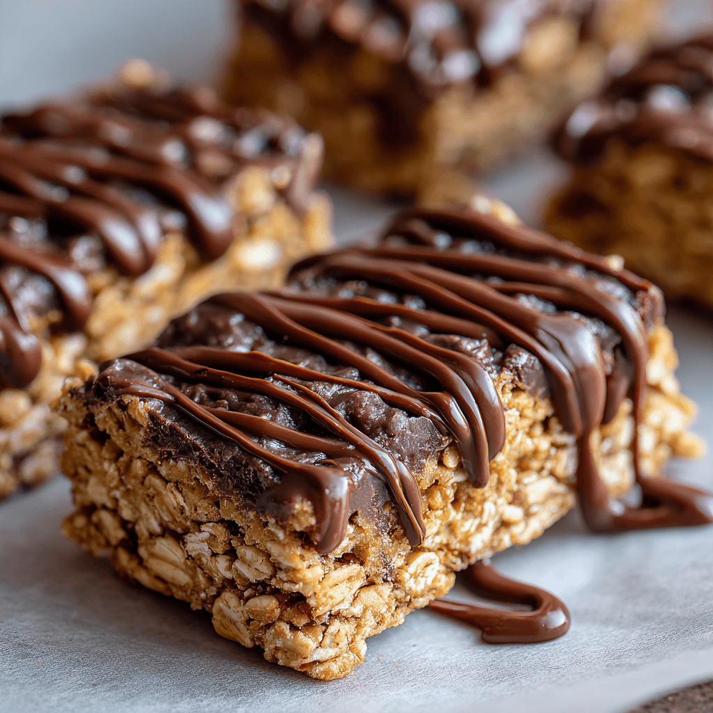 Easy No Bake Chocolate Oatmeal Bars (Rich & Chewy!) 3 Close-up of no bake chocolate oatmeal bars showing the creamy chocolate filling and oat texture.