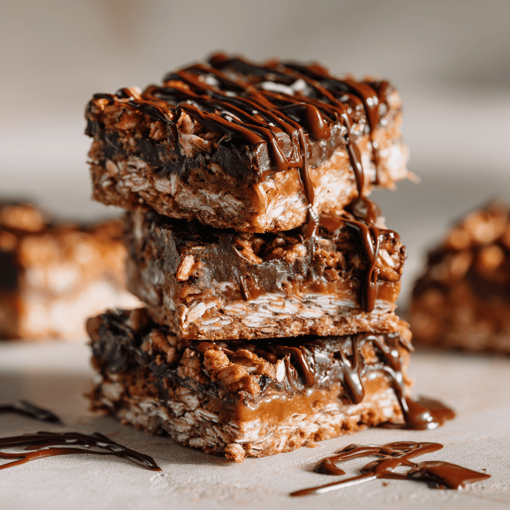 Easy No Bake Chocolate Oatmeal Bars (Rich & Chewy!) 1 No bake chocolate oatmeal bars with thick chocolate filling and oatmeal layers under warm light.