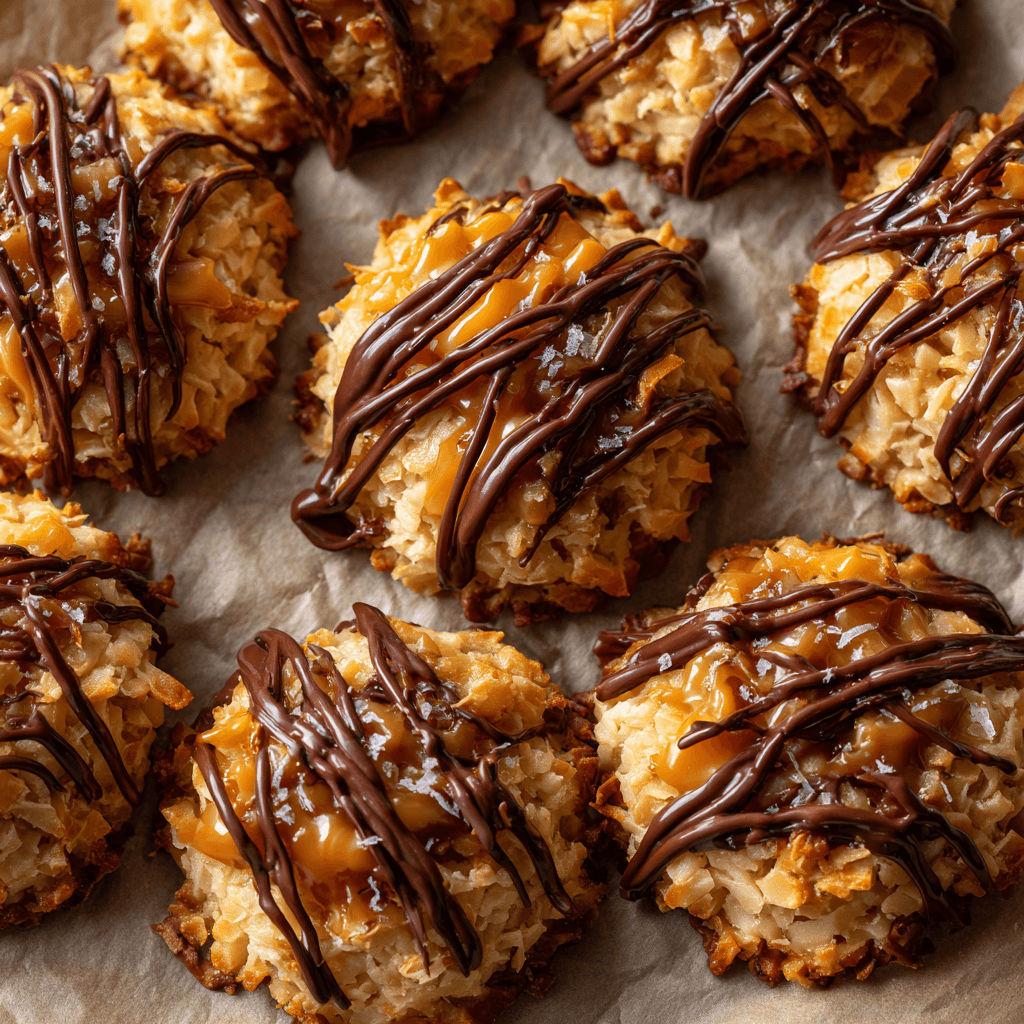 No-bake Samoa cookies with caramel-coconut topping and chocolate drizzle on parchment paper.