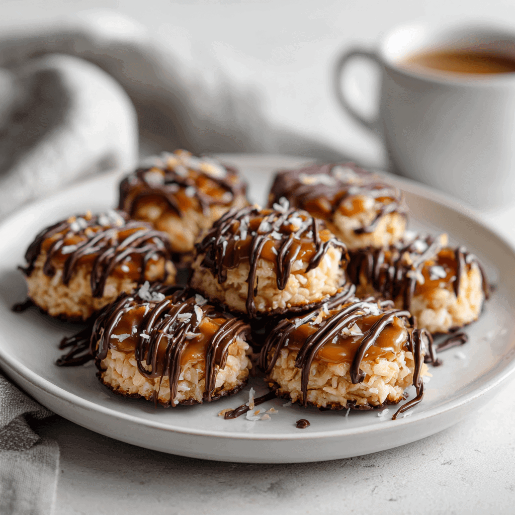 No-bake Samoa cookies on a white plate showing caramel-coconut topping and chocolate drizzle.