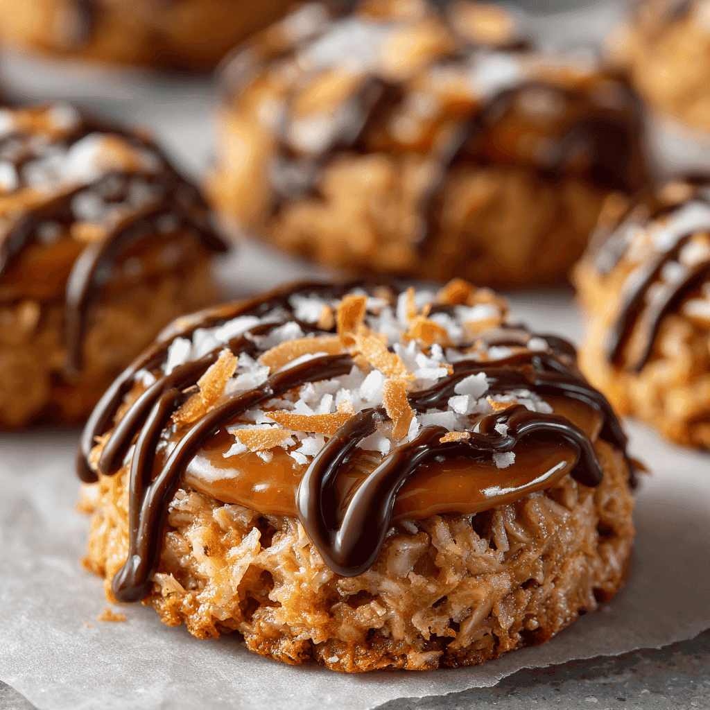 Close-up of no-bake Samoa cookies showing caramel-coconut topping and chocolate drizzle.