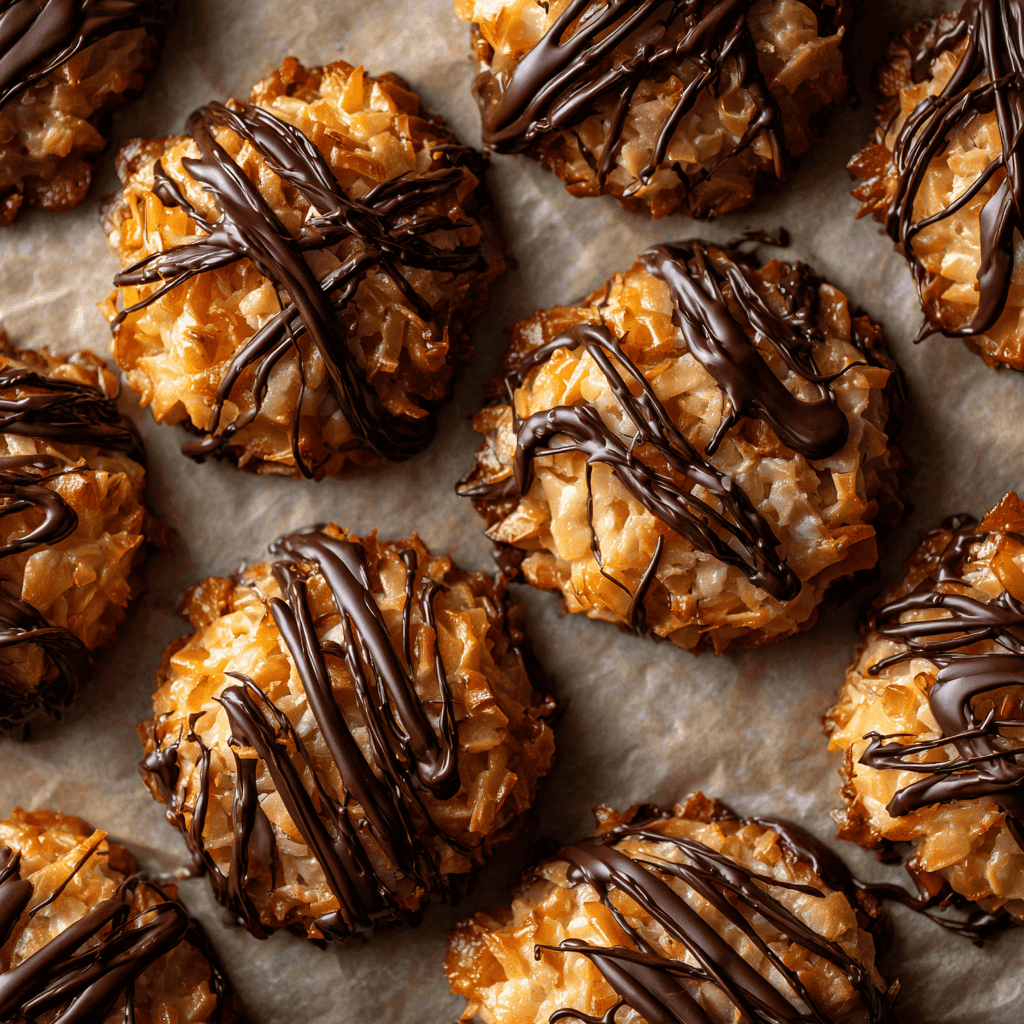 Golden caramel coconut Samoa cookies drizzled with chocolate displayed on parchment.
