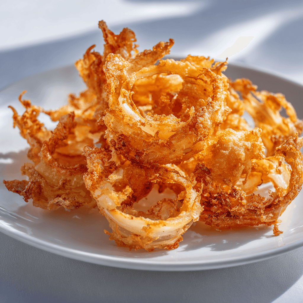 Golden battered onion petals arranged on a white plate showing crisp texture.