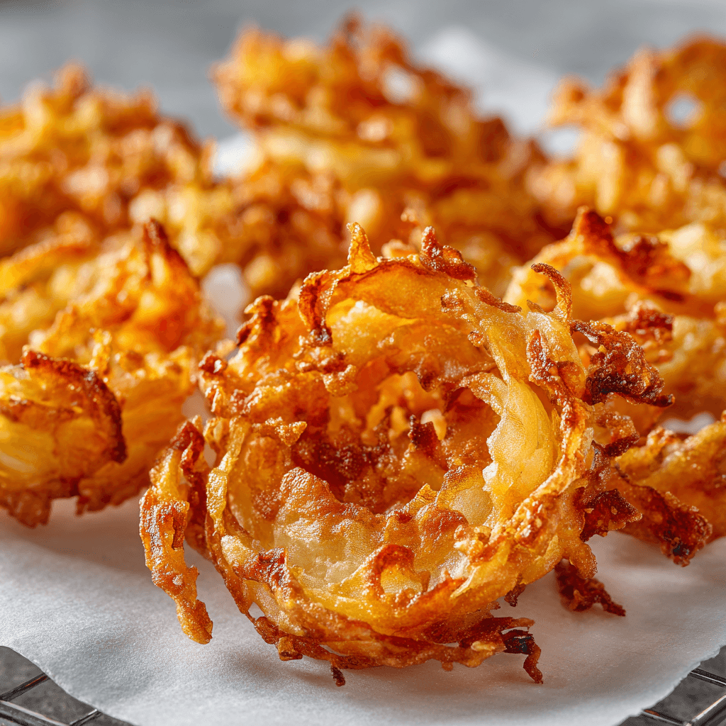 Freshly fried golden onion petals on parchment showing crunchy, textured coating.