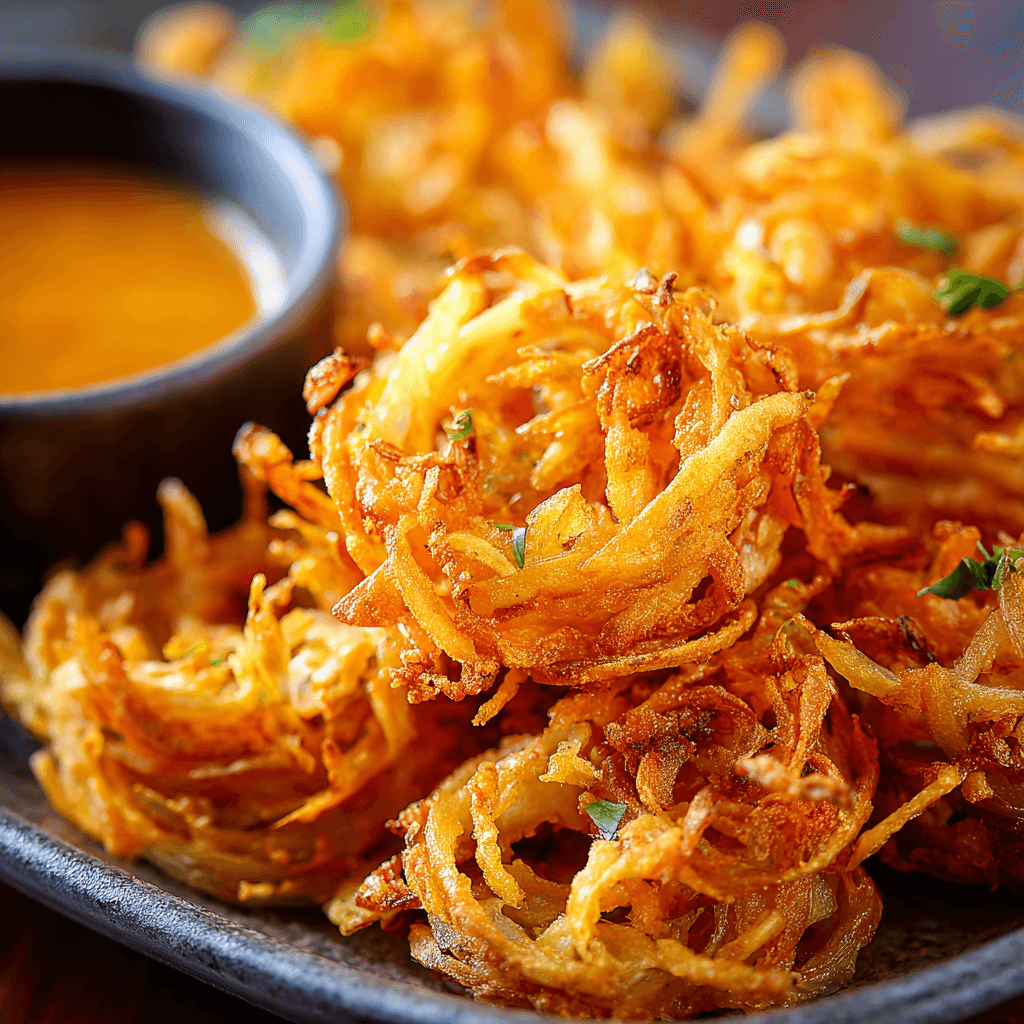 Crispy fried onion petals with golden texture served beside dipping sauce under bright natural light.
