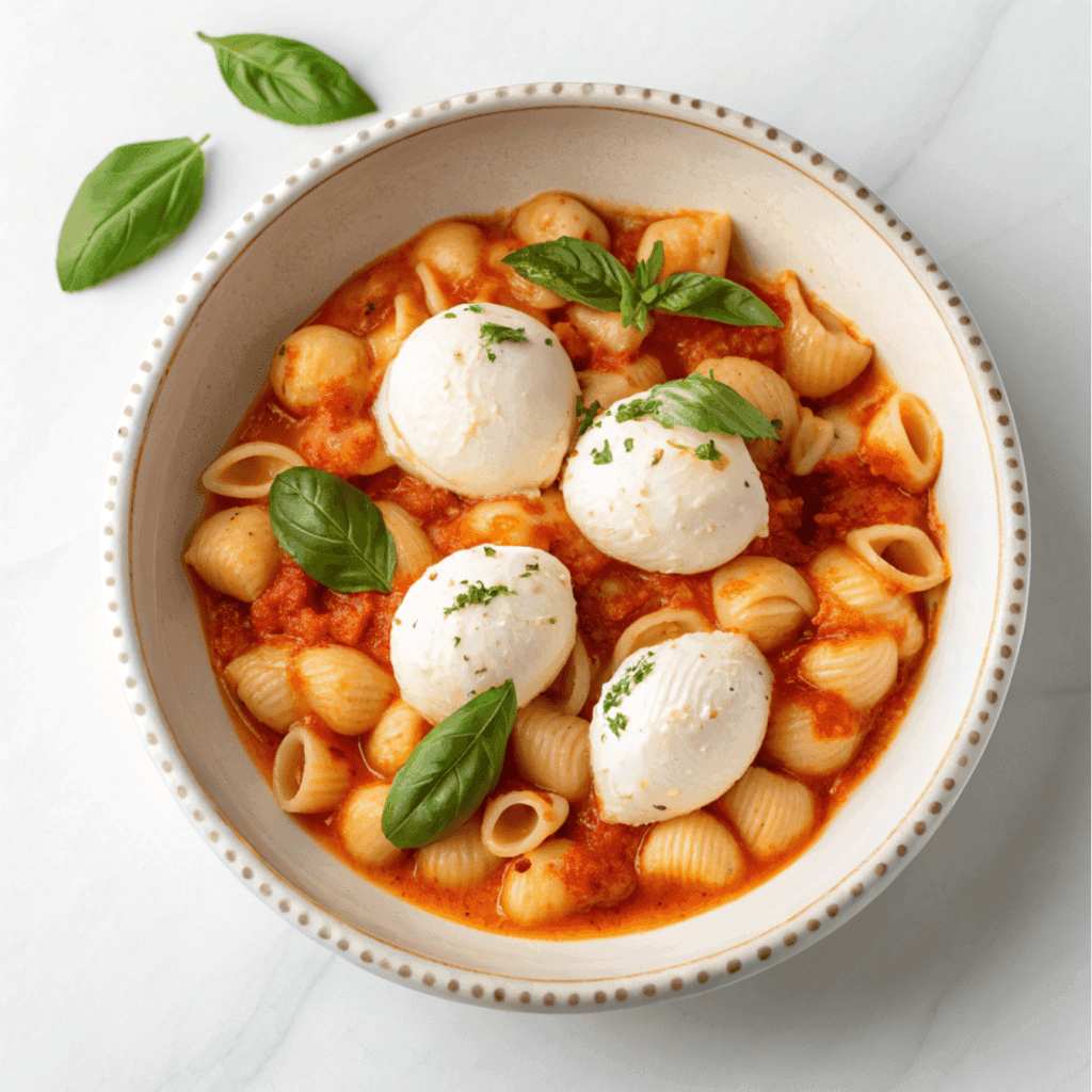 Overhead view of creamy burrata pasta shells with basil in a white bowl.