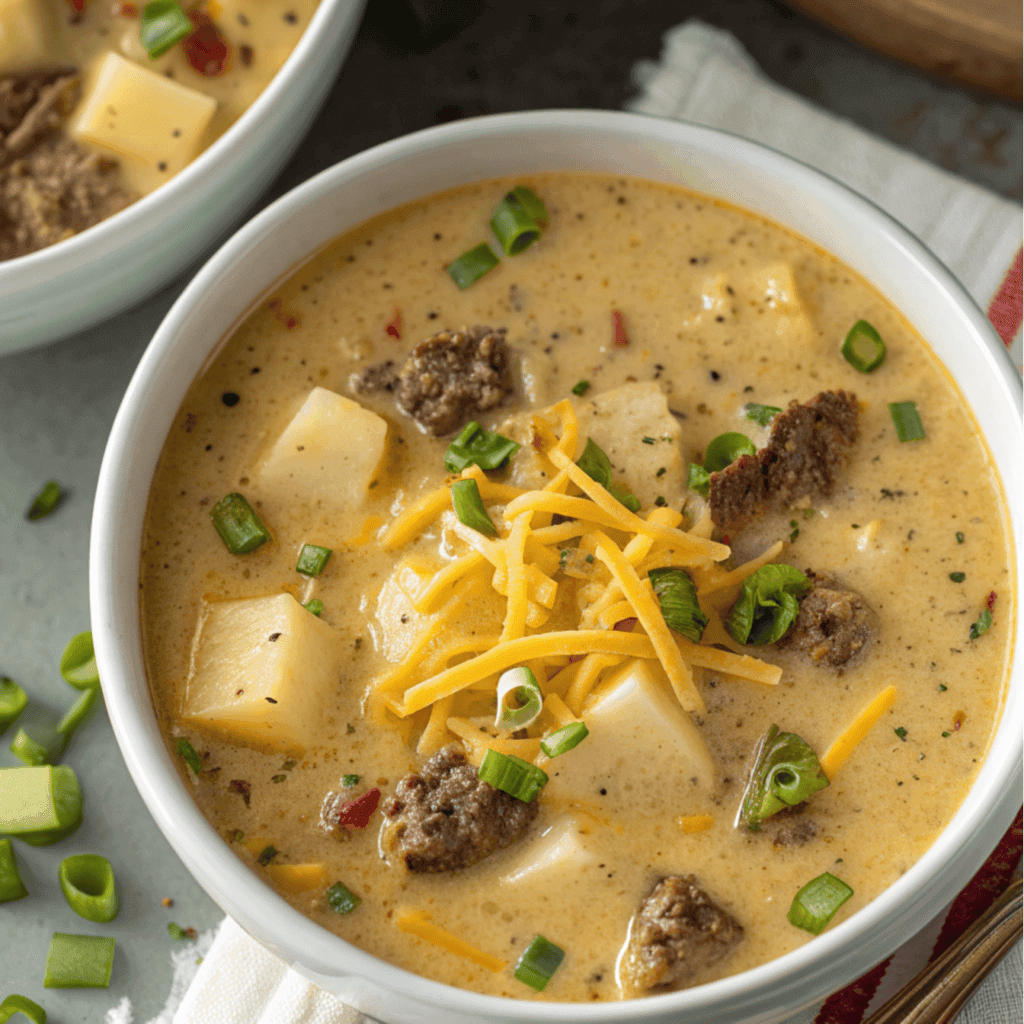 Overhead shot of a bowl of creamy cheeseburger soup with potatoes, beef, and green onions.