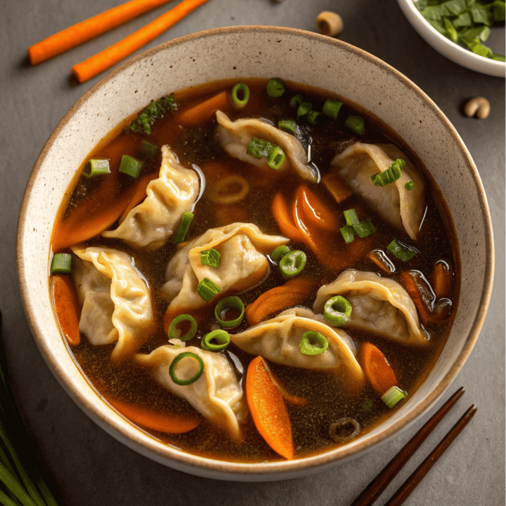 Overhead view of potsticker soup with dumplings, carrots, mushrooms, and green onions.