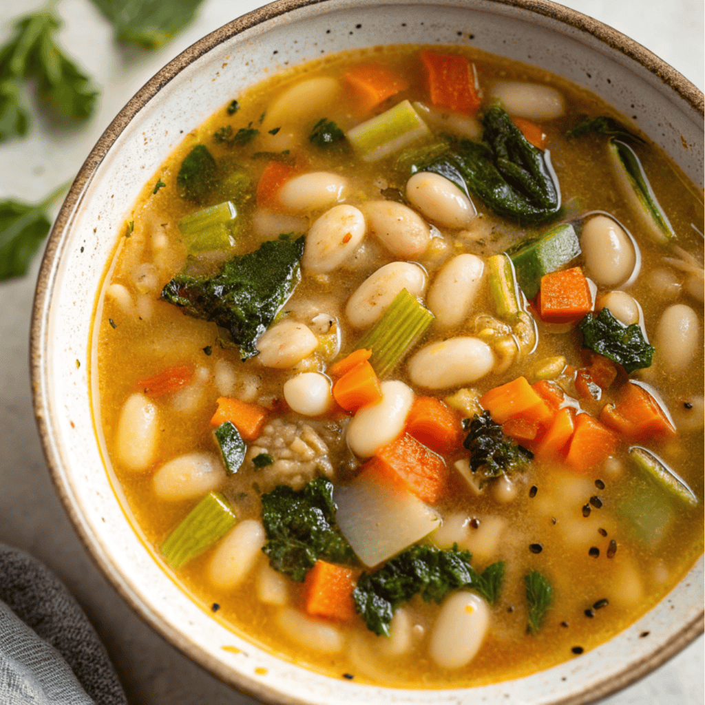 Overhead view of Tuscan white bean soup with carrots, celery, greens, and golden broth.