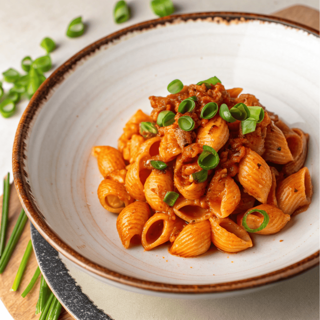 Overhead view of gochujang pasta topped with green onions on a plate.