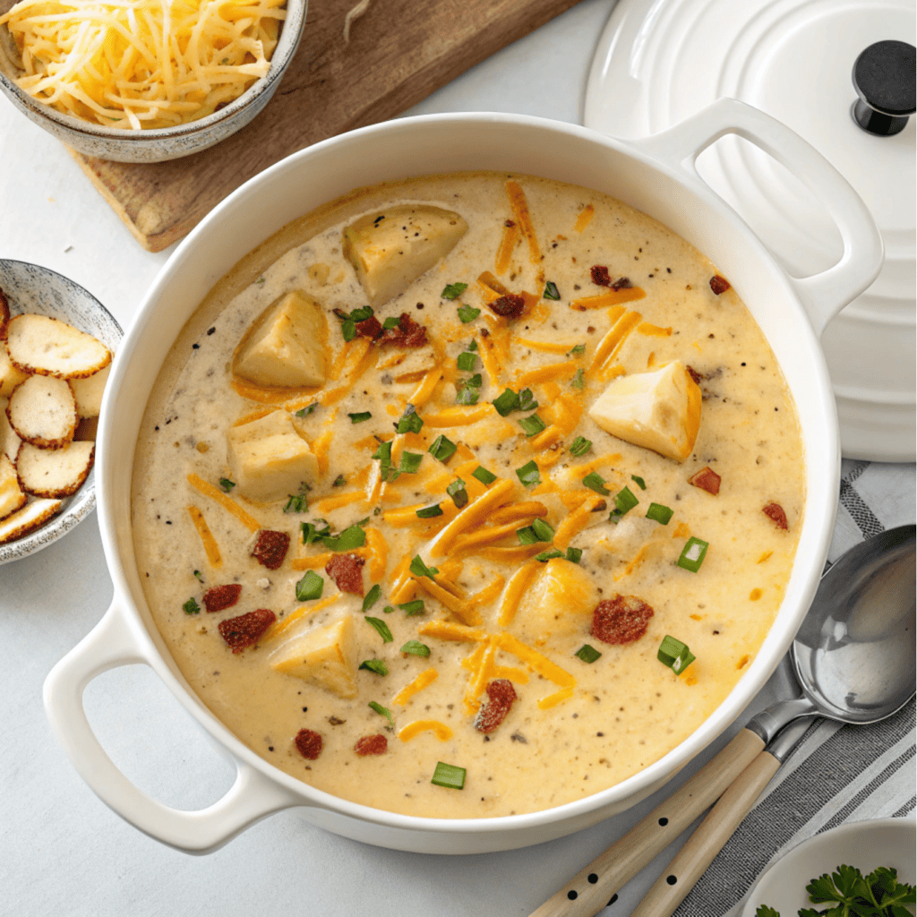 Overhead shot of a pot of creamy Outback potato soup with potatoes, bacon, cheddar, and chives.