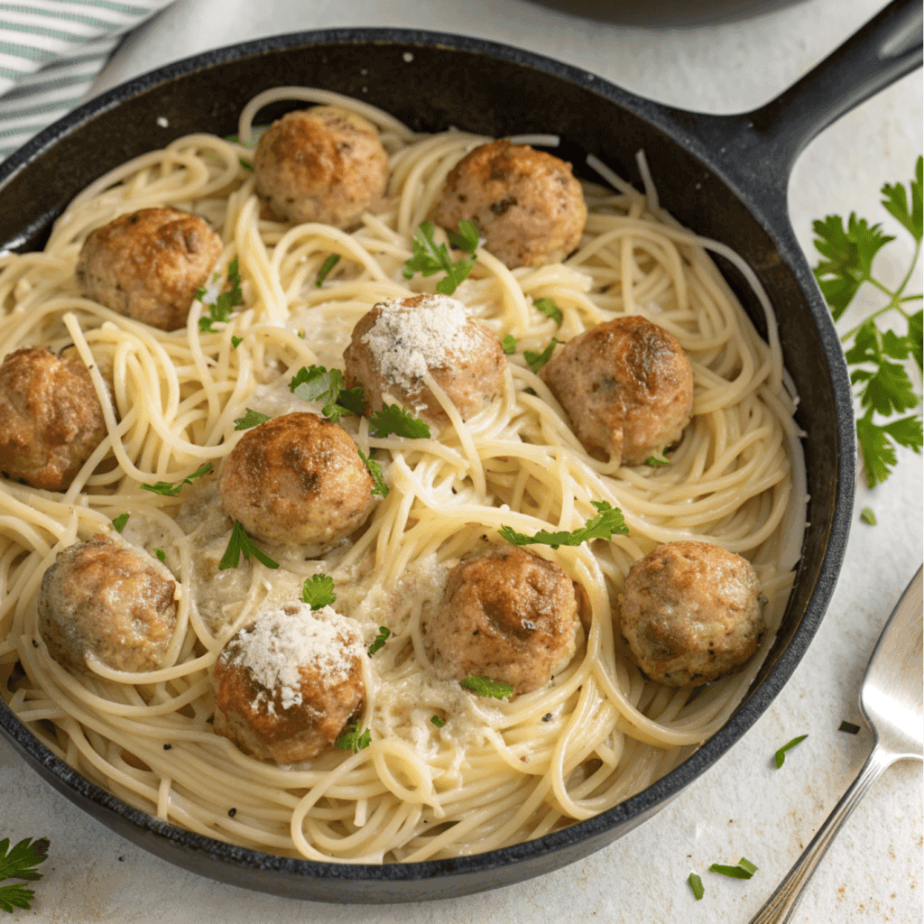 Garlic Butter Meatballs With Creamy Parmesan Pasta 2 Overhead view of skillet filled with creamy Parmesan pasta and garlic butter meatballs.