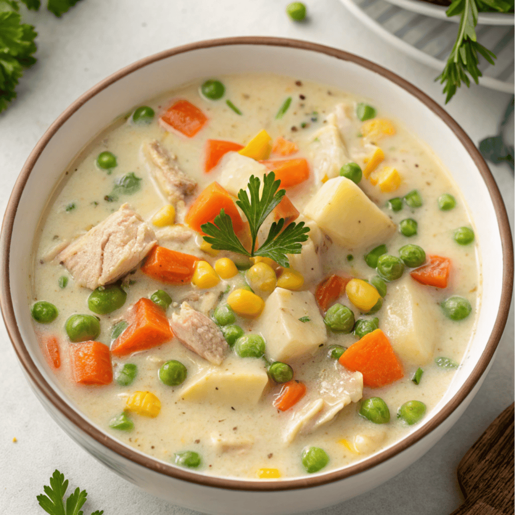 Overhead view of creamy chicken pot pie soup with vegetables and parsley.