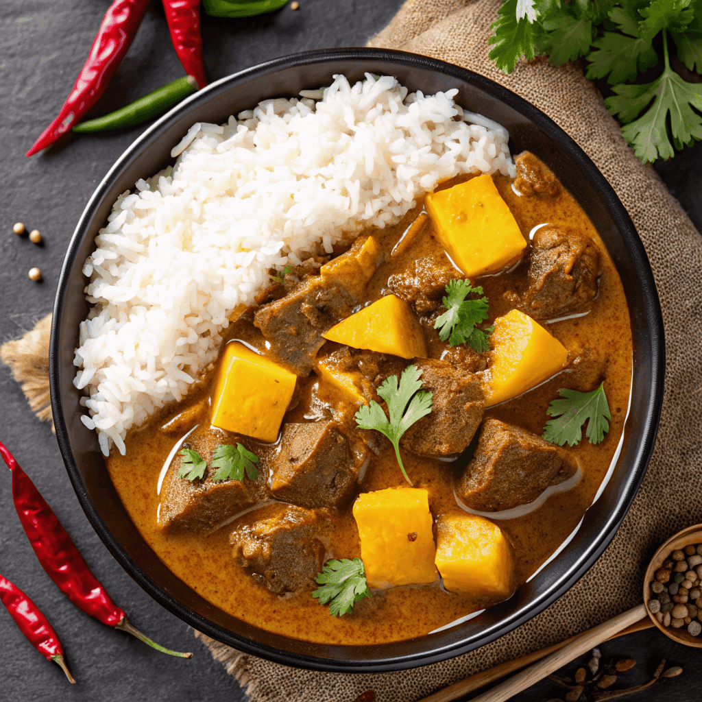 Overhead shot of a full bowl of Beef Massaman Curry with rice, potatoes, cilantro, and dried chilies.