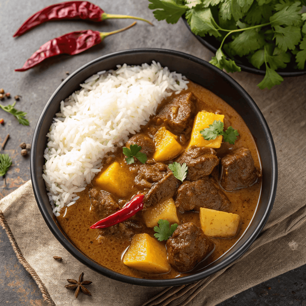Overhead shot of a full bowl of Beef Massaman Curry with rice, potatoes, cilantro, and dried chilies.