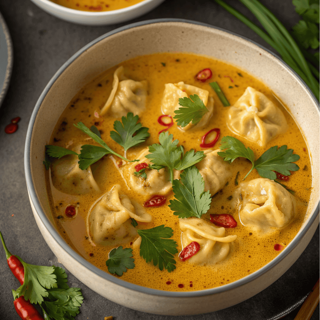 Overhead view of curry dumpling soup with dumplings, cilantro, and chili oil.