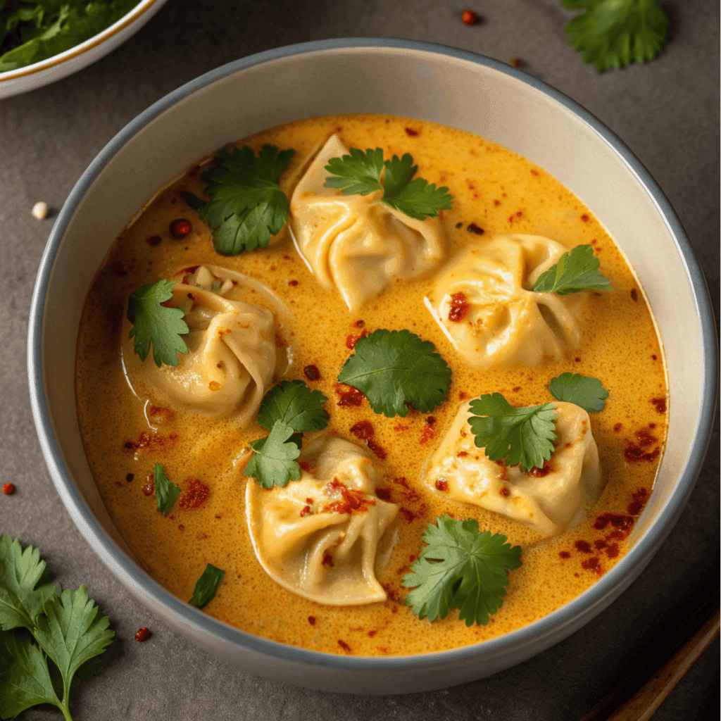 Curry dumpling soup served in a white bowl with dumplings, cilantro, and chili oil.