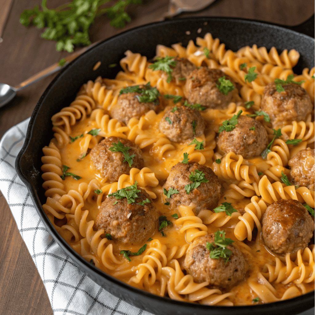 Overhead skillet of BBQ ranch meatball pasta with cheese and parsley.