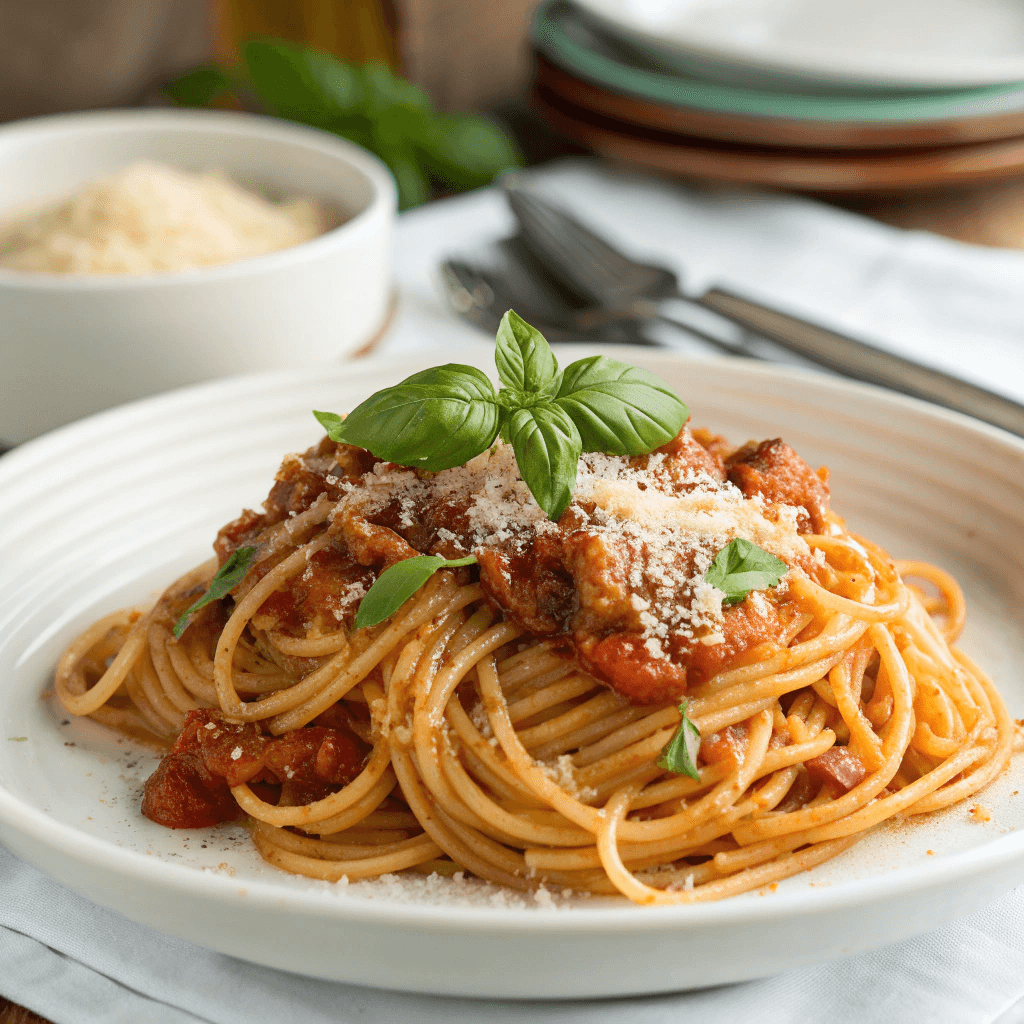 Pasta napoletana served on a plate with tomato sauce, parmesan, and basil.