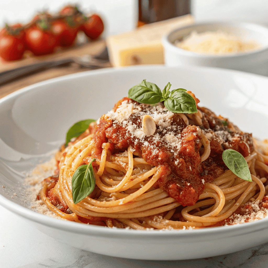 Pasta napoletana shown from a slight angle with tomato sauce, parmesan, and basil.