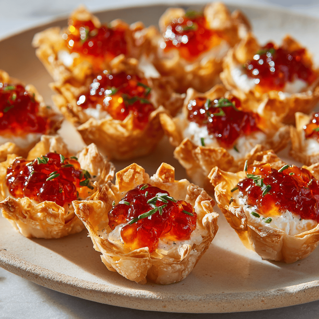 Pepper jelly cream cheese bites in golden phyllo cups topped with herbs.