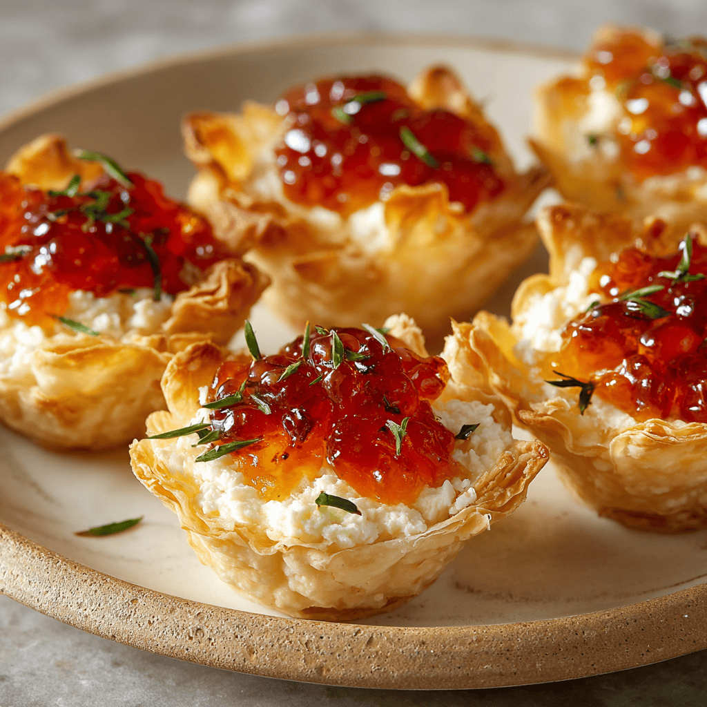 Slight-angle view of pepper jelly cream cheese bites on a plate.