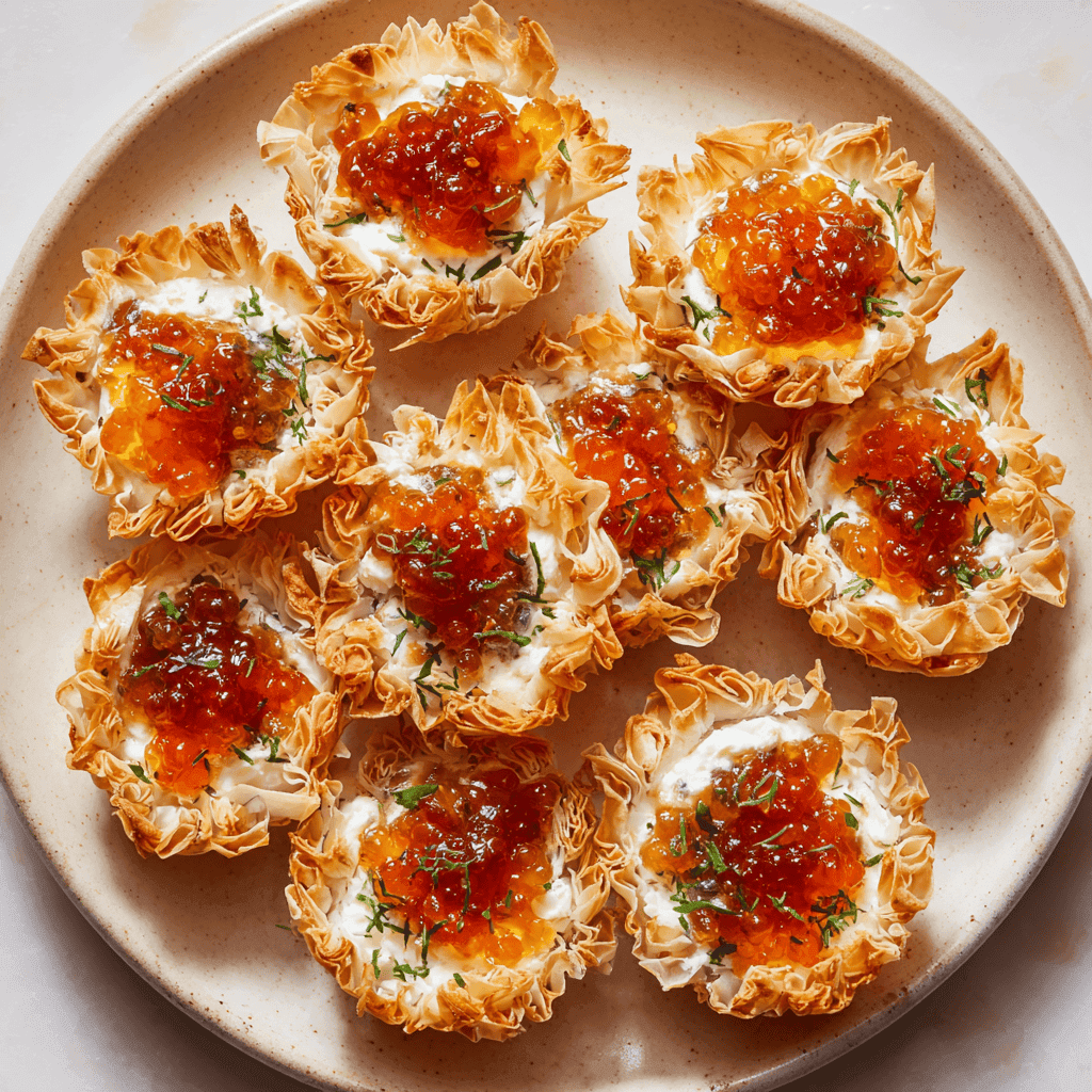 Top view of finished pepper jelly cream cheese bites on a plate.