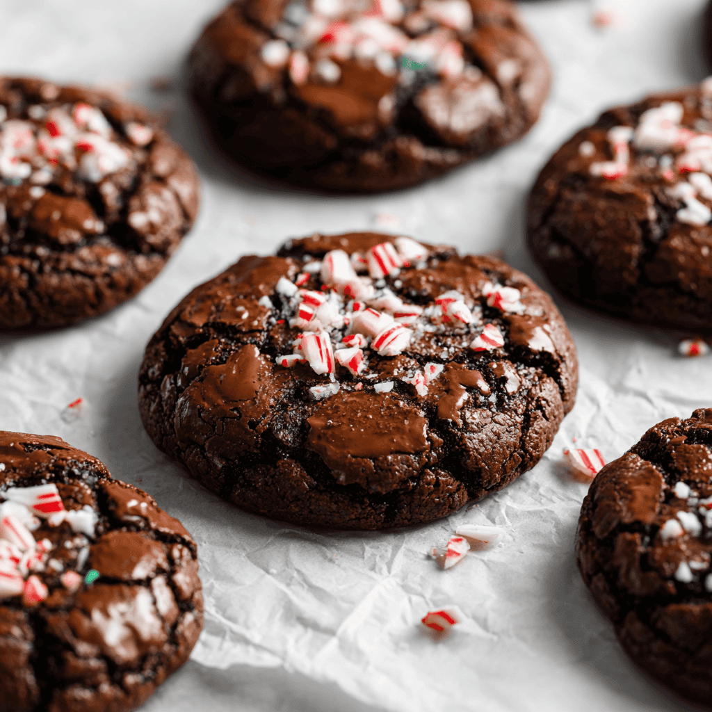 Fudgy peppermint brownie cookies with crackly tops and crushed peppermint on parchment paper.