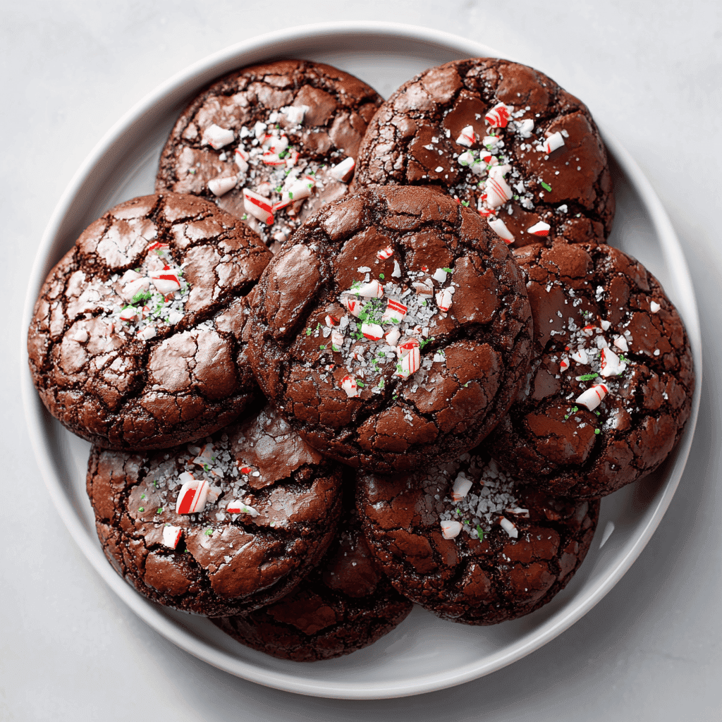 Peppermint brownie cookies arranged on a white plate showing crackly tops and peppermint bits.