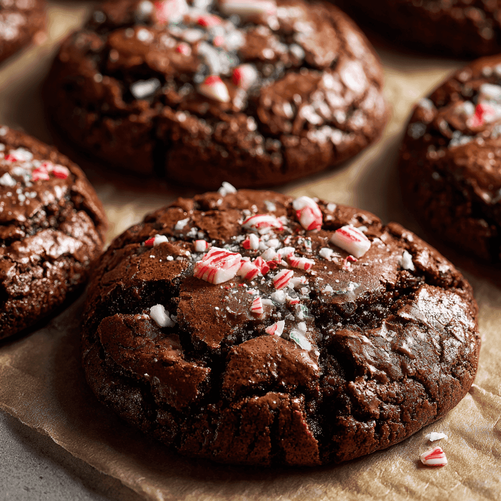 Close-up of freshly baked peppermint brownie cookies with shiny crackly tops and crushed peppermint.