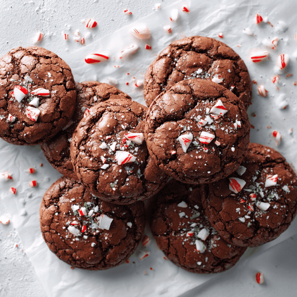 Peppermint brownie cookies with crunchy peppermint pieces on a bright white background.