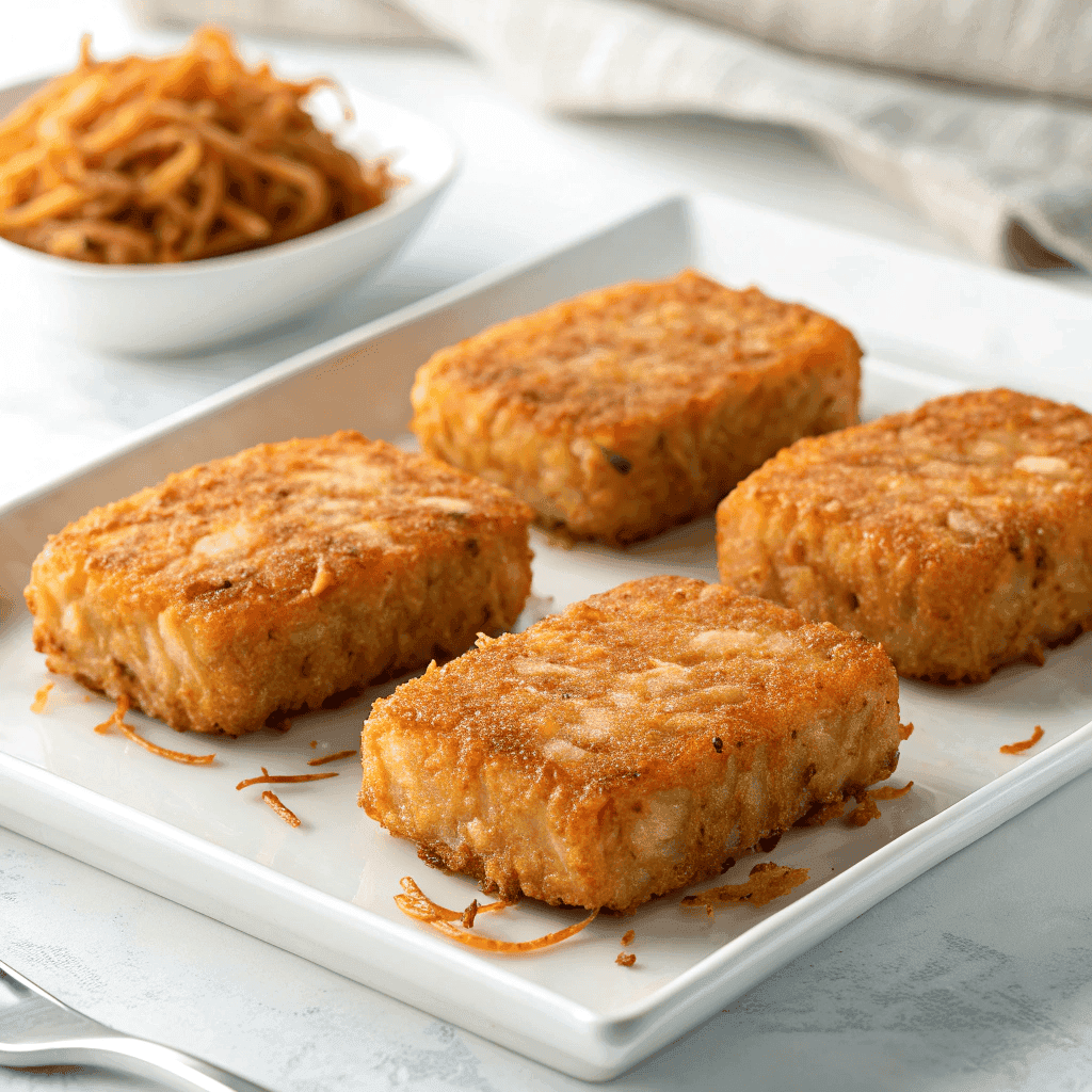Golden crispy frozen hash brown patties served on a plain white plate