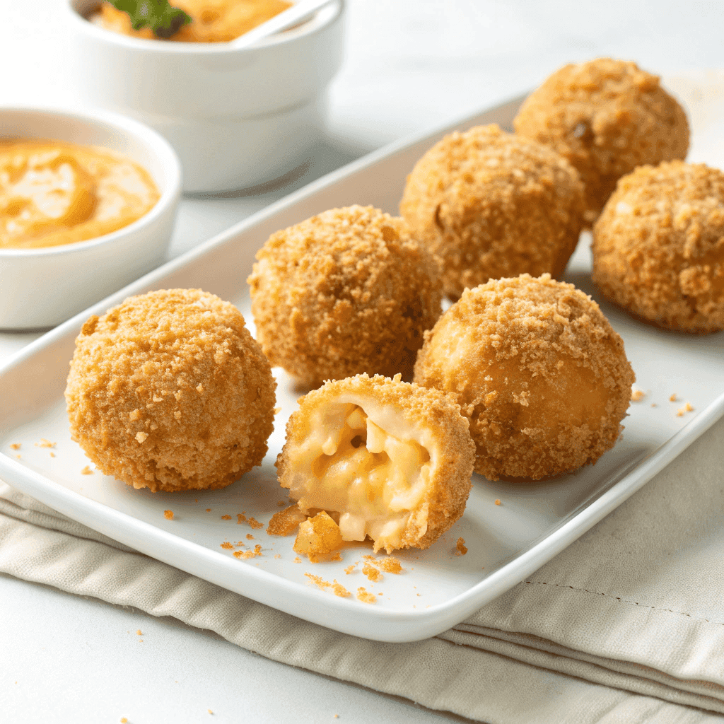 Golden mac and cheese balls cooked in an air fryer served on a white plate