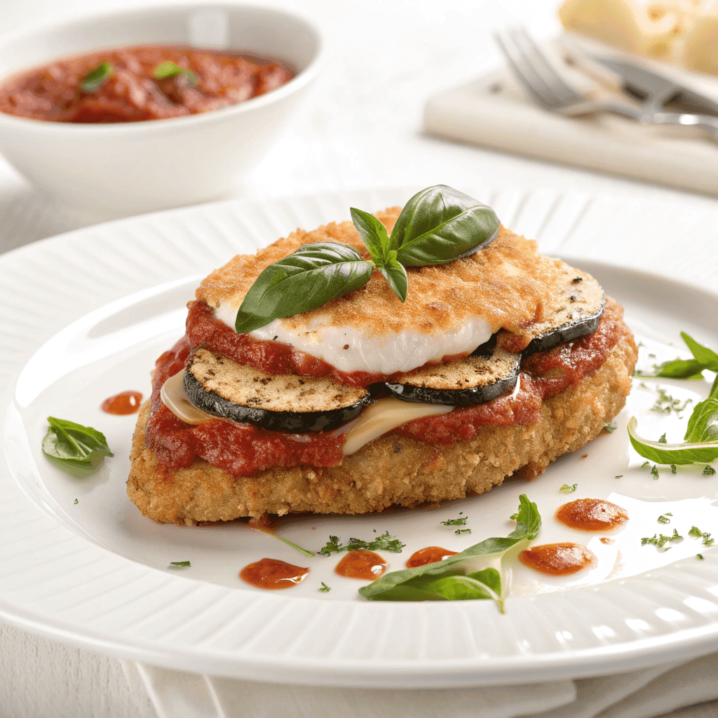 Chicken Sorrentino with eggplant and melted mozzarella served with marinara sauce