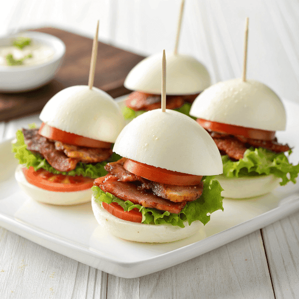 Egg bun BLT sliders served cleanly on a white plate