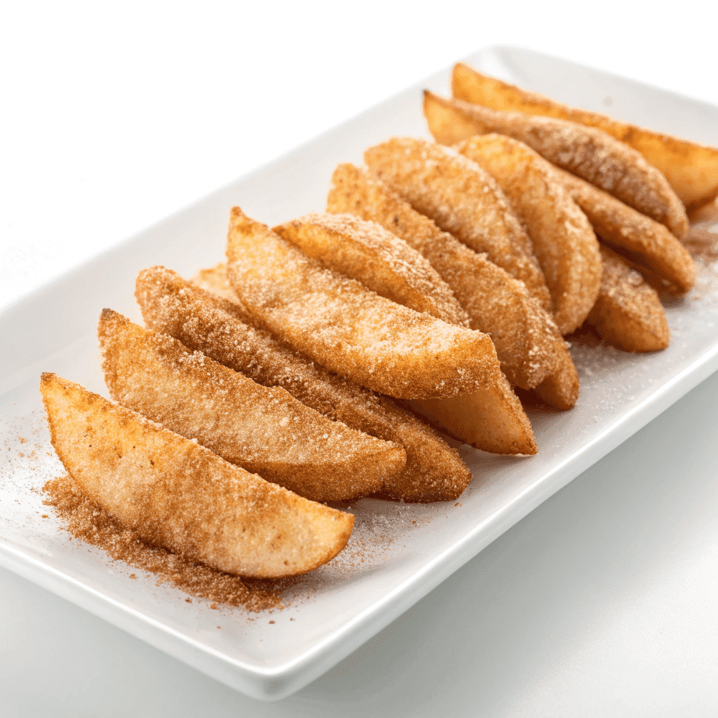 Crispy cinnamon sugar apple fries served plain on a white plate